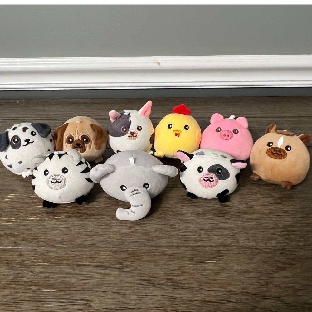 Skylety Plush Lot of 9 Mini Stuffed Animals Cow Pig Elephant Chick Dog Round Toy